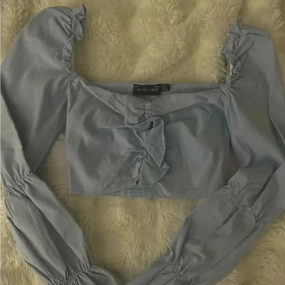 PrettyLittleThing baby blue long-sleeve ruffled crop-top - Picture 2 of 5